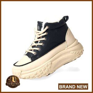 Leather Platform Winter Sneakers, Waterproof Lace-Up Ankle-High Shoes